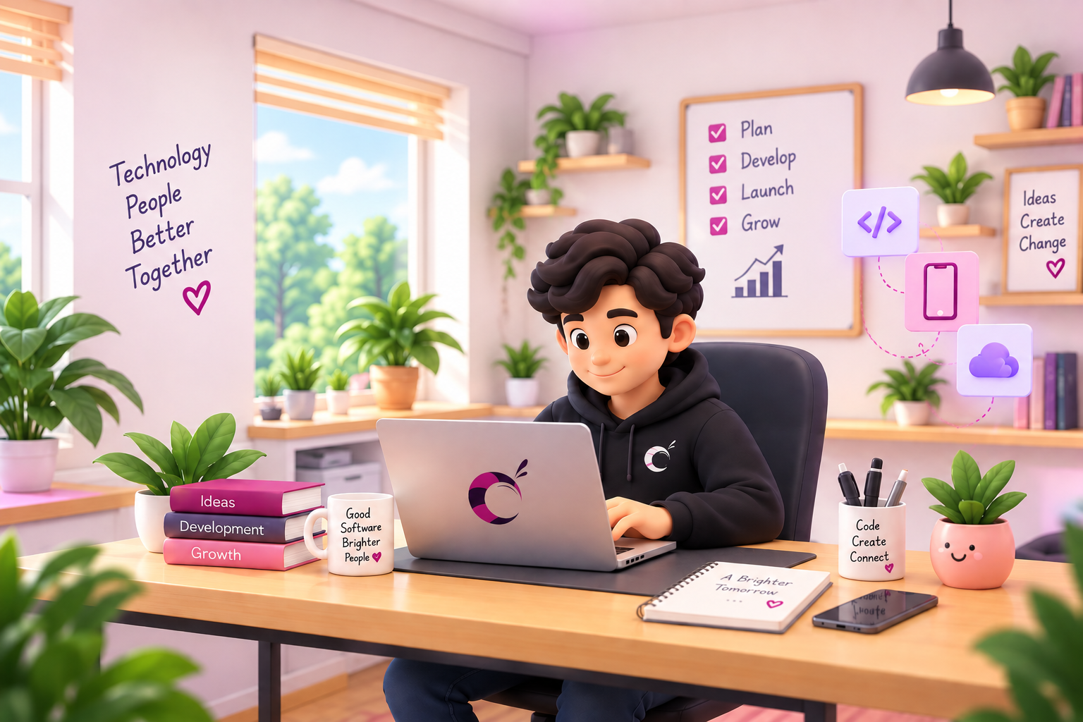 Illustration of a Carinoza engineer working across web, mobile, and cloud interfaces